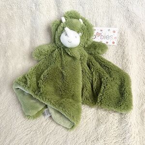 New Oobles Dinosaur Baby Blanket Lovey Green Dino Soft Fuzzy Snuggle Rattle